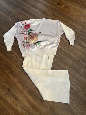 Sioni Cream Knit pants and top with Satin Trim